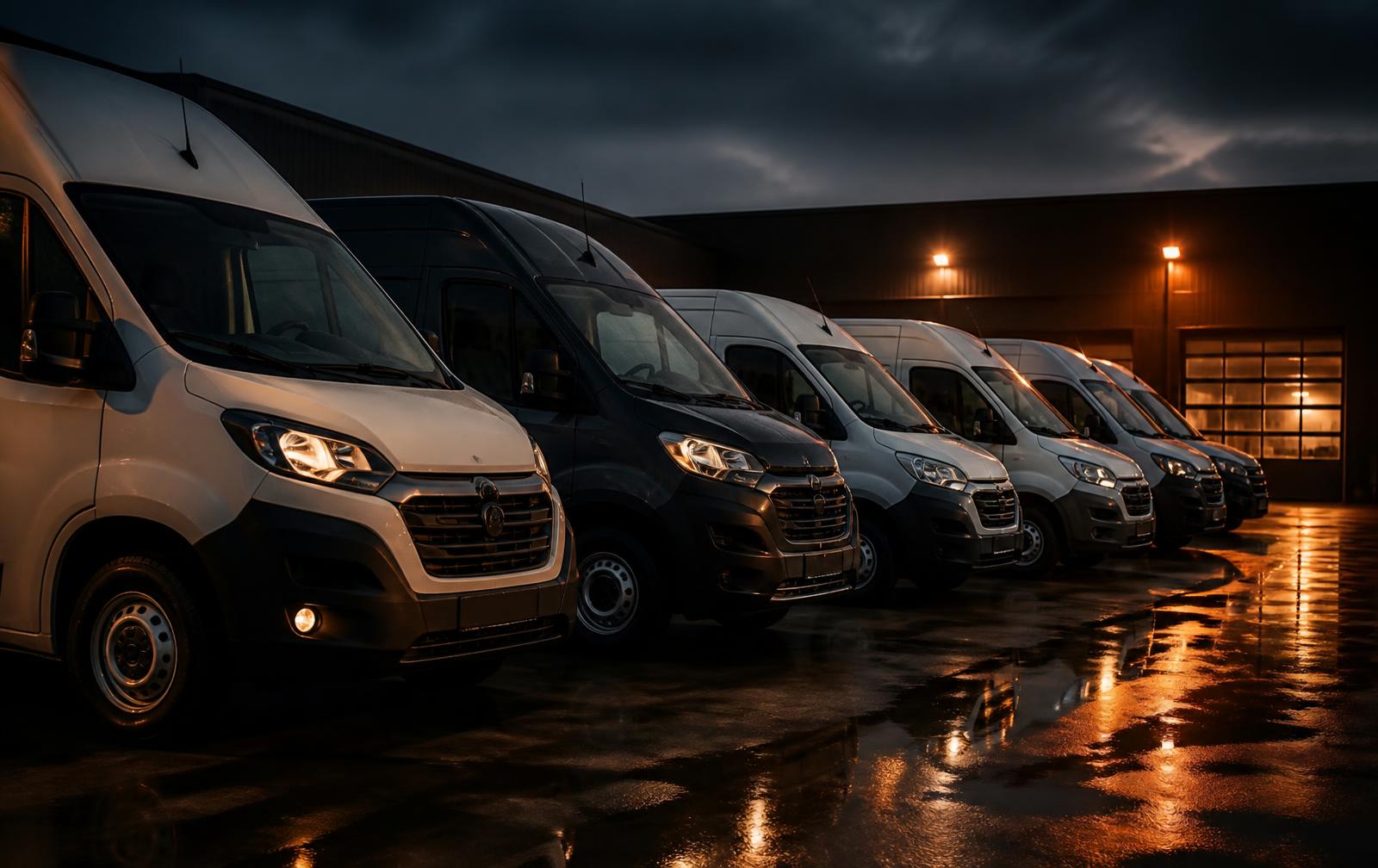 Commercial vans parked at dusk